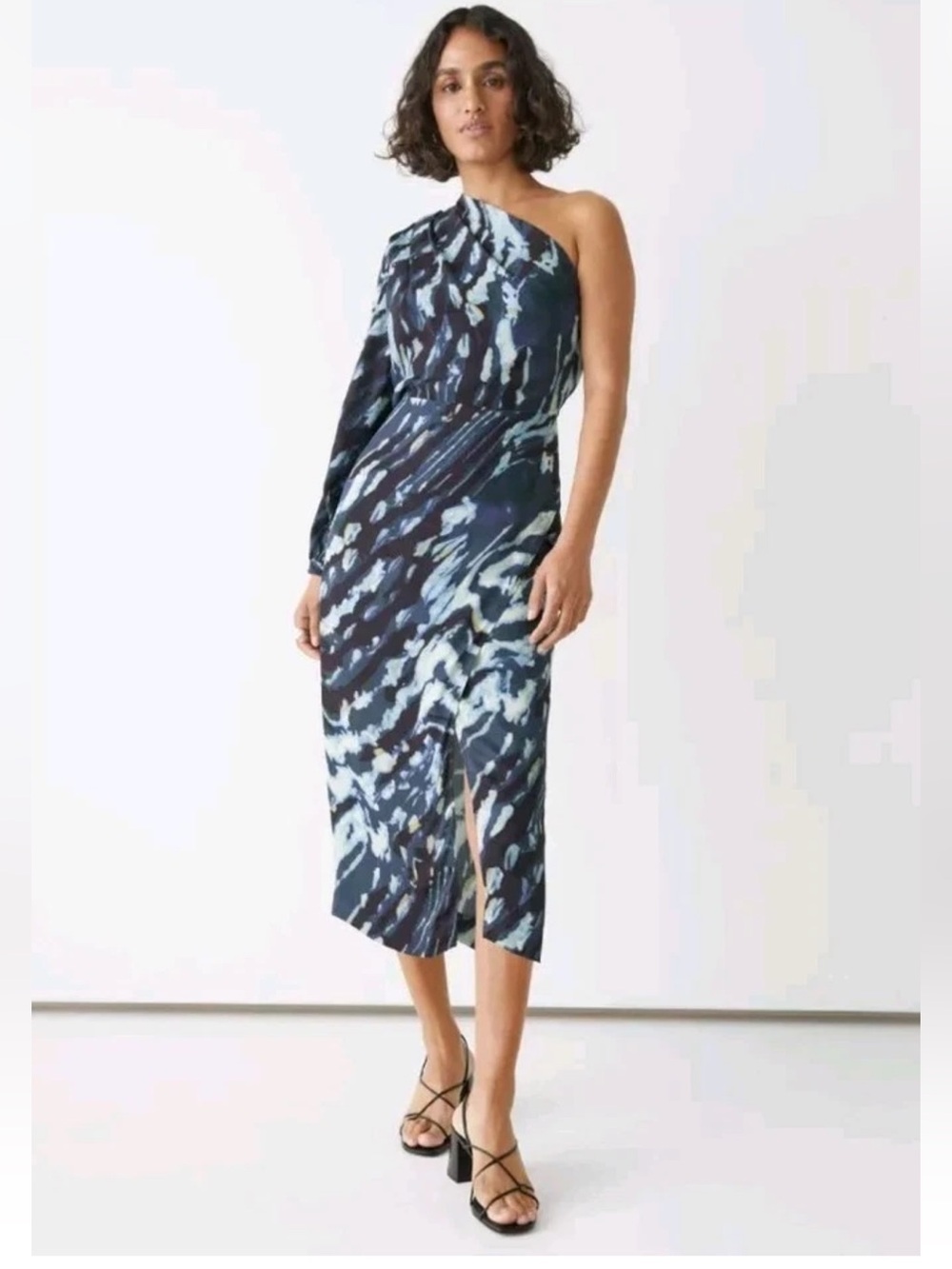 NWT & Other Stories One Shoulder Midi Dress Blue Abstract Print US 6 Asymmetric